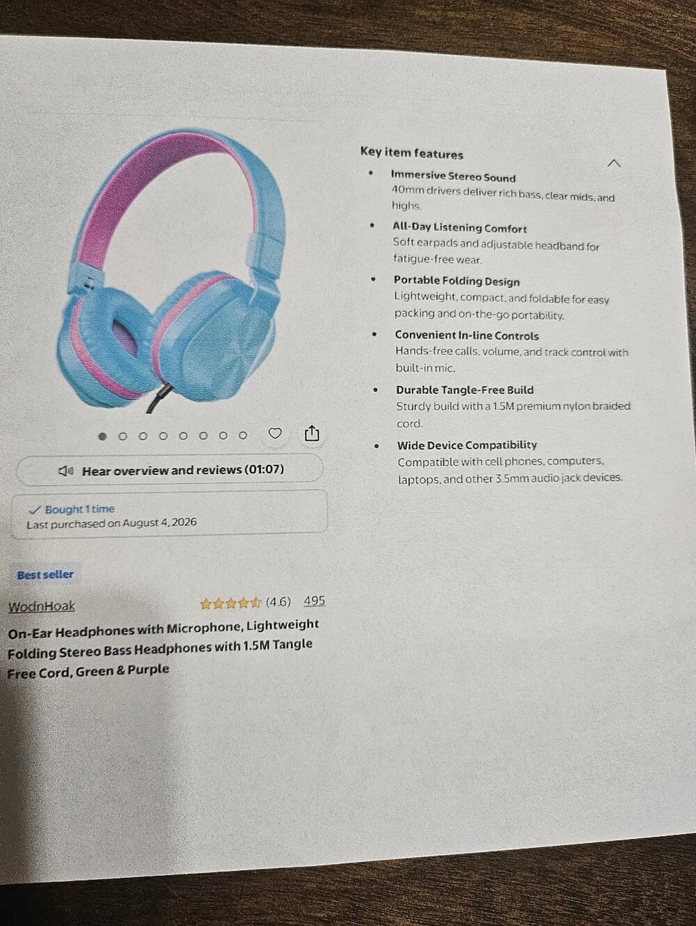 Mint Green & Purple On-Ear Headphones with Microphone, 3.5mm Jack